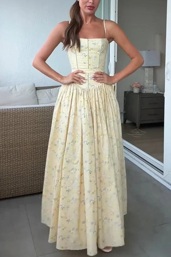 Elegant Spaghetti Strap Square Neck Floral Print Corset Bodice A Line Maxi Prom Dress For Formal Evening Wedding Guest