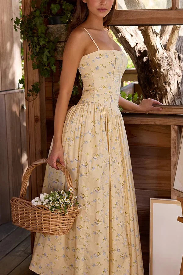 Elegant Spaghetti Strap Square Neck Floral Print Corset Bodice A Line Maxi Prom Dress For Formal Evening Wedding Guest