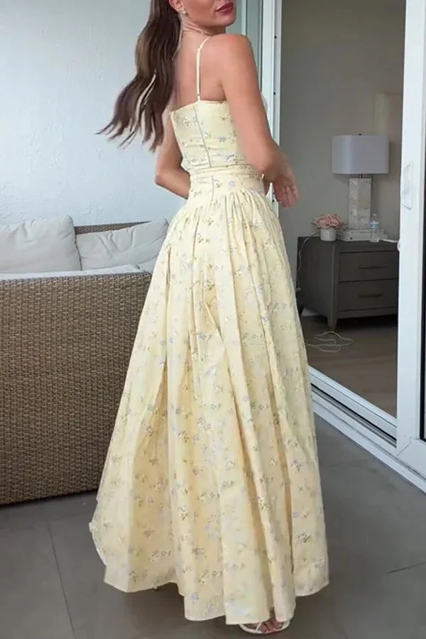 Elegant Spaghetti Strap Square Neck Floral Print Corset Bodice A Line Maxi Prom Dress For Formal Evening Wedding Guest