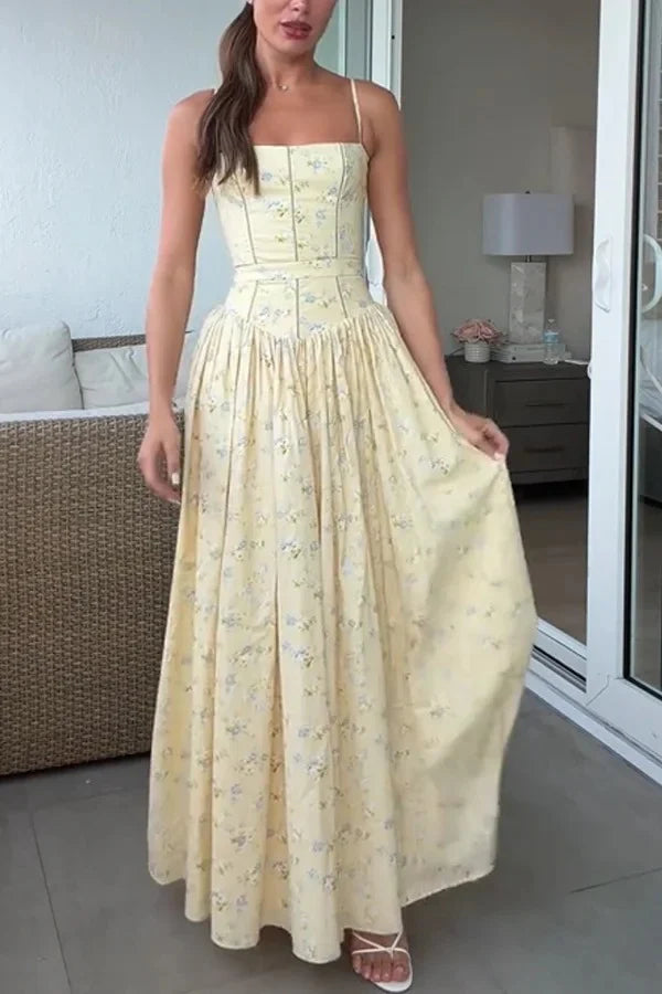 Elegant Spaghetti Strap Square Neck Floral Print Corset Bodice A Line Maxi Prom Dress For Formal Evening Wedding Guest