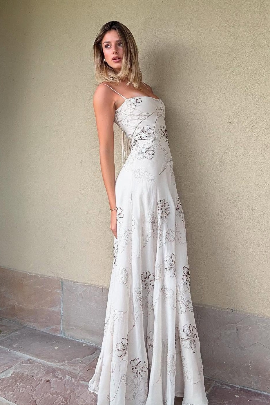 Elegant Spaghetti Strap Square Neck Floral Sequin Embellished Lace-Up Back Maxi Prom Dress