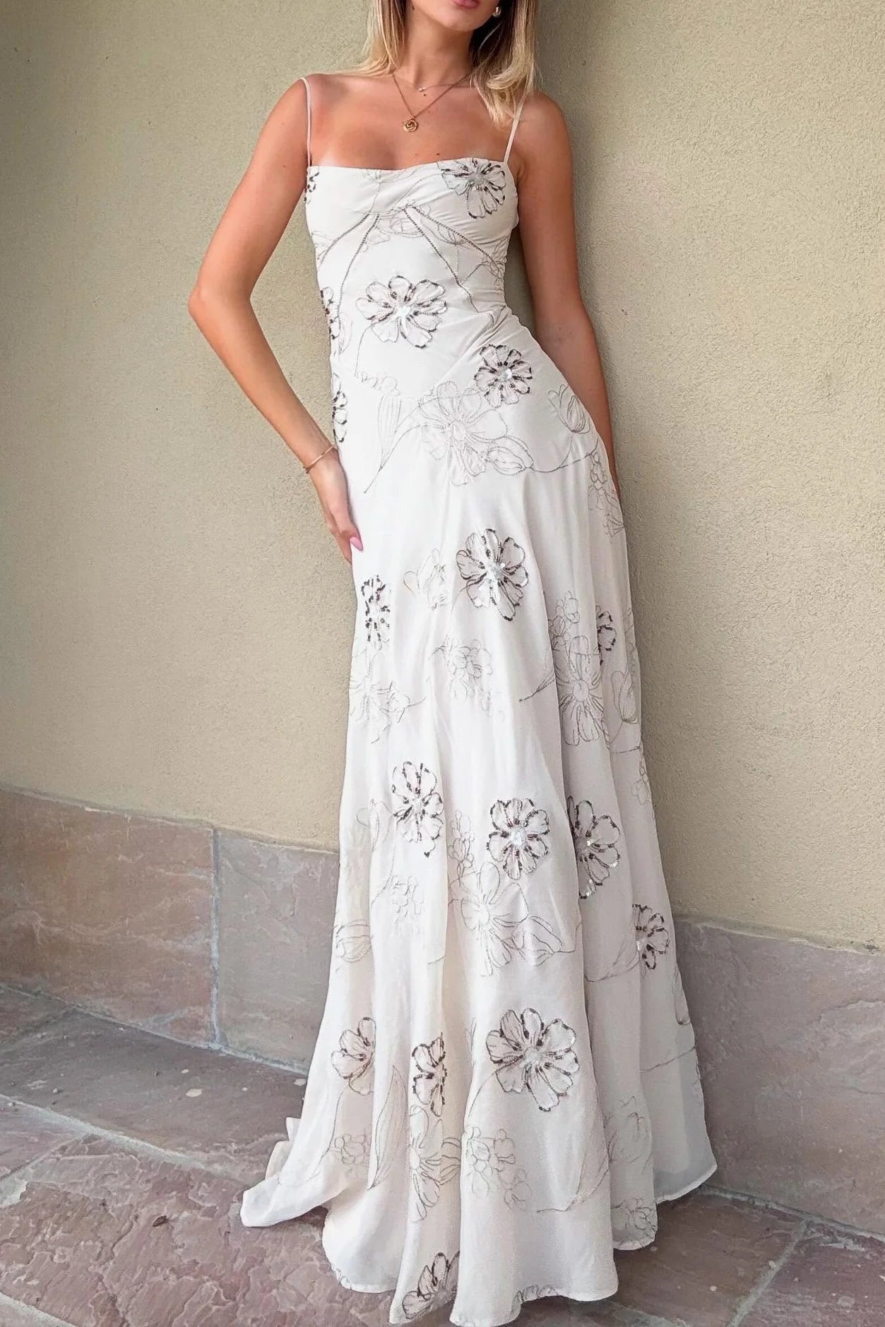 Elegant Spaghetti Strap Square Neck Floral Sequin Embellished Lace-Up Back Maxi Prom Dress