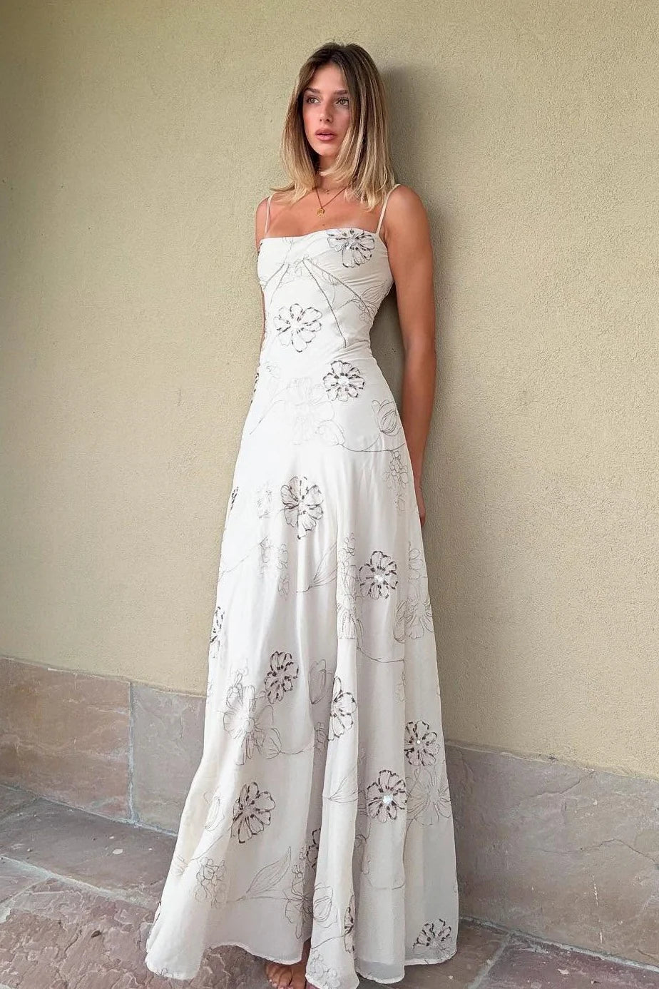 Elegant Spaghetti Strap Square Neck Floral Sequin Embellished Lace-Up Back Maxi Prom Dress