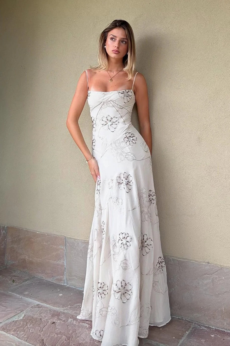 Elegant Spaghetti Strap Square Neck Floral Sequin Embellished Lace-Up Back Maxi Prom Dress
