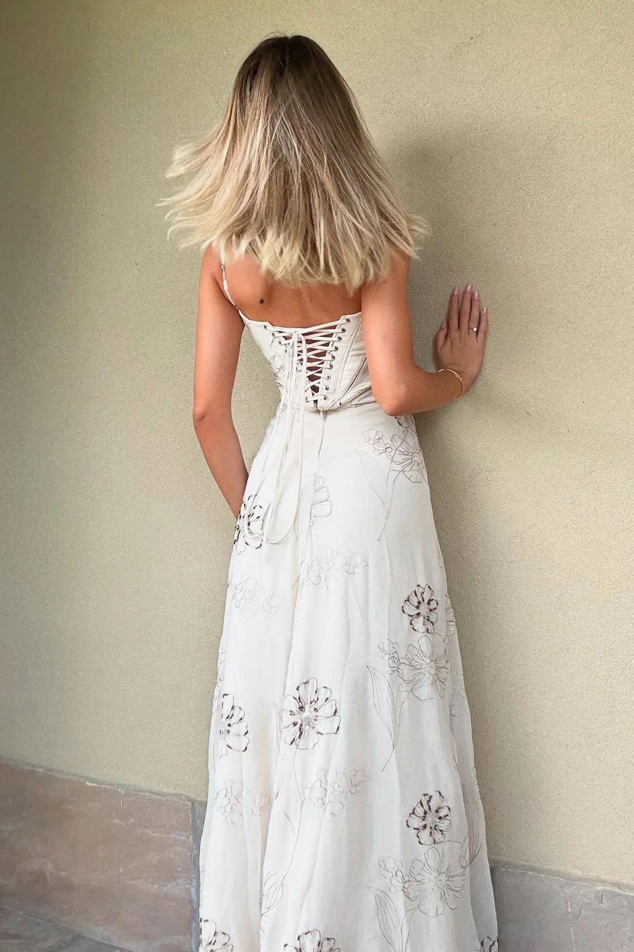 Elegant Spaghetti Strap Square Neck Floral Sequin Embellished Lace-Up Back Maxi Prom Dress