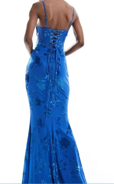 Elegant Spaghetti Strap Square Neck Floral Velvet Burnout Lace-Up Back Mermaid Evening Dress