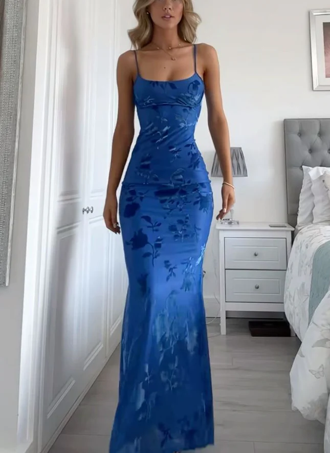 Elegant Spaghetti Strap Square Neck Floral Velvet Burnout Lace-Up Back Mermaid Evening Dress