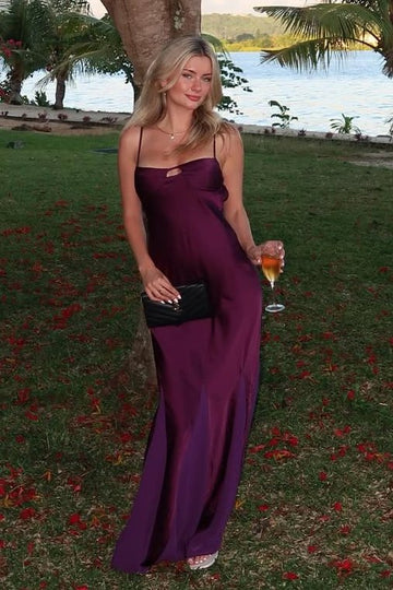 Elegant Spaghetti Strap Square Neck Keyhole Detail Satin Maxi Evening Dress For Formal Evening Prom Wedding Guest Bridesmaid Beach Wedding Cocktail Party Gala