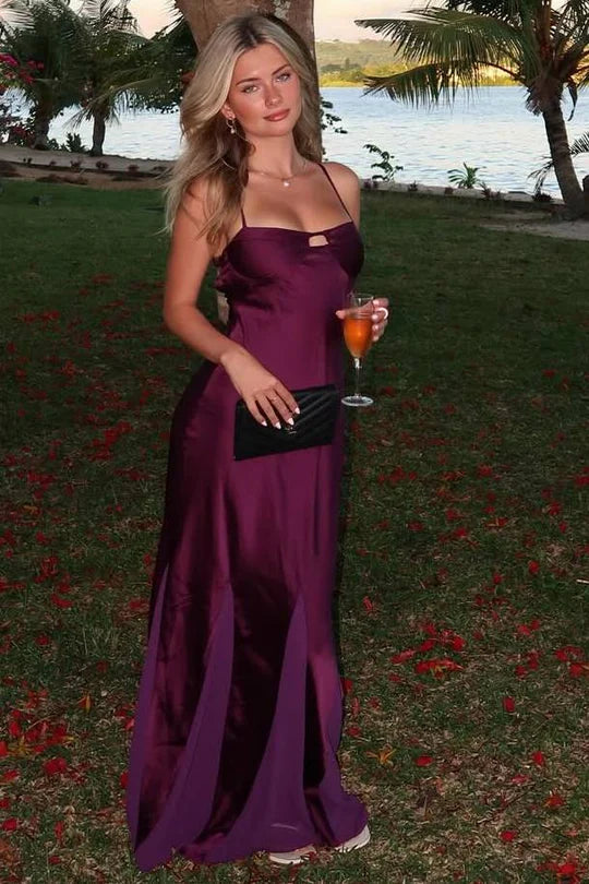 Elegant Spaghetti Strap Square Neck Keyhole Detail Satin Maxi Evening Dress For Formal Evening Prom Wedding Guest Bridesmaid Beach Wedding Cocktail Party Gala