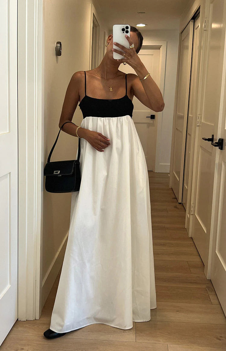 Elegant Spaghetti Strap Square Neck Open Back Adjustable Strap Color Block A Line Maxi Evening Dress For Formal Evening Gala Wedding Guest Bridesmaid