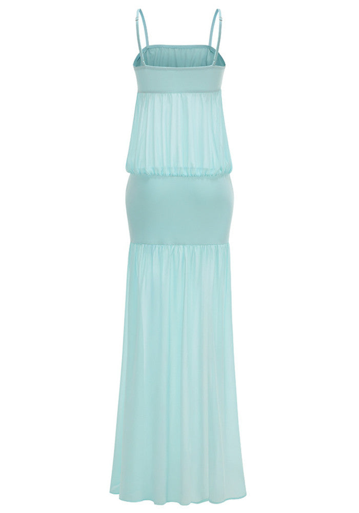 Elegant Spaghetti Strap Square Neck Open Back Mesh Ruffle Mermaid Maxi Prom Dress