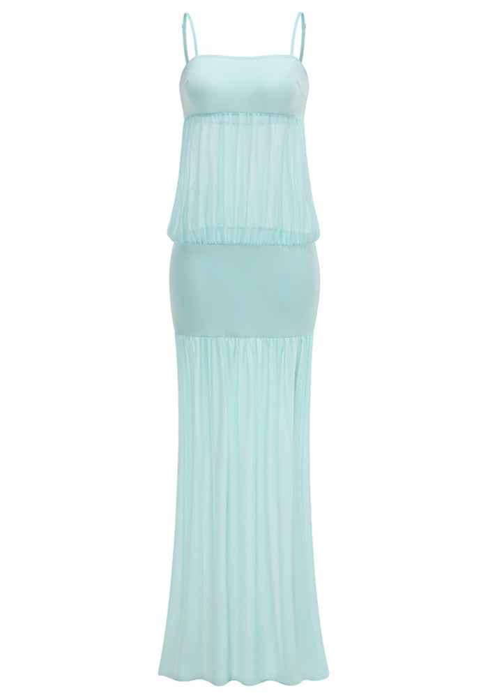 Elegant Spaghetti Strap Square Neck Open Back Mesh Ruffle Mermaid Maxi Prom Dress
