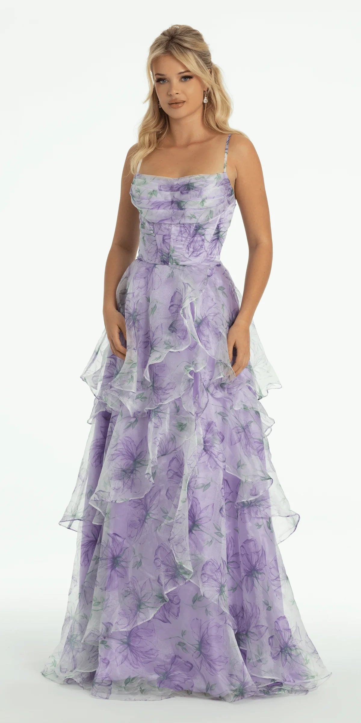 Elegant Spaghetti Strap Square Neck Ruched Bodice Floral Print Tiered Ruffle Organza A Line Evening Dress For Formal Evening Gala Wedding Guest Bridesmaid