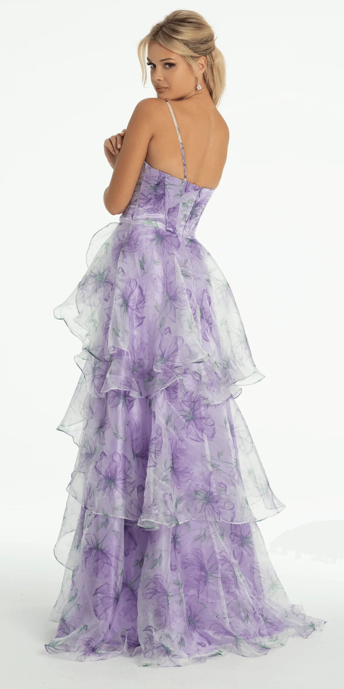 Elegant Spaghetti Strap Square Neck Ruched Bodice Floral Print Tiered Ruffle Organza A Line Evening Dress For Formal Evening Gala Wedding Guest Bridesmaid