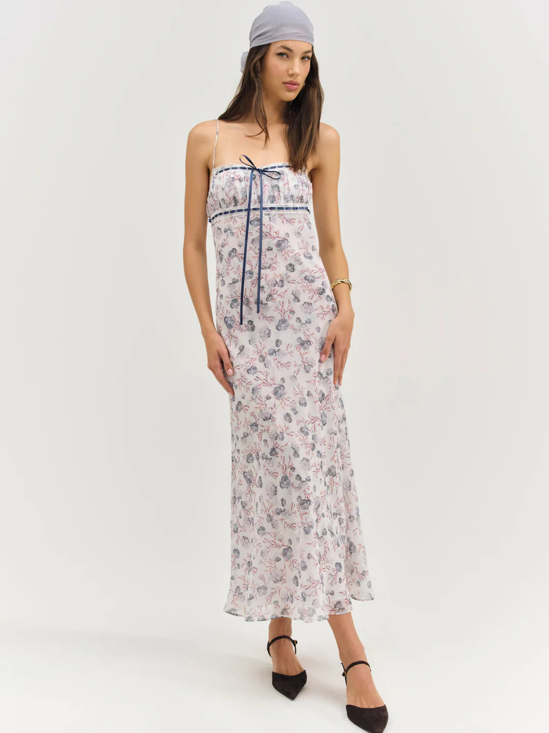 Elegant Spaghetti Strap Square Neck Seashell Coral Print Chiffon Midi Prom Dress With Bow Detail For Formal Evening Beach Wedding