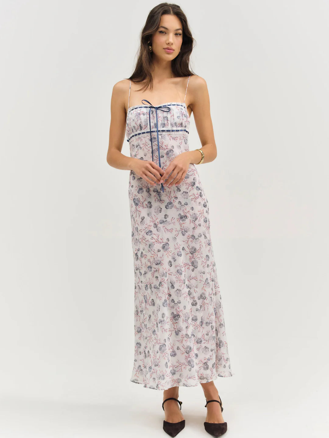 Elegant Spaghetti Strap Square Neck Seashell Coral Print Chiffon Midi Prom Dress With Bow Detail For Formal Evening Beach Wedding