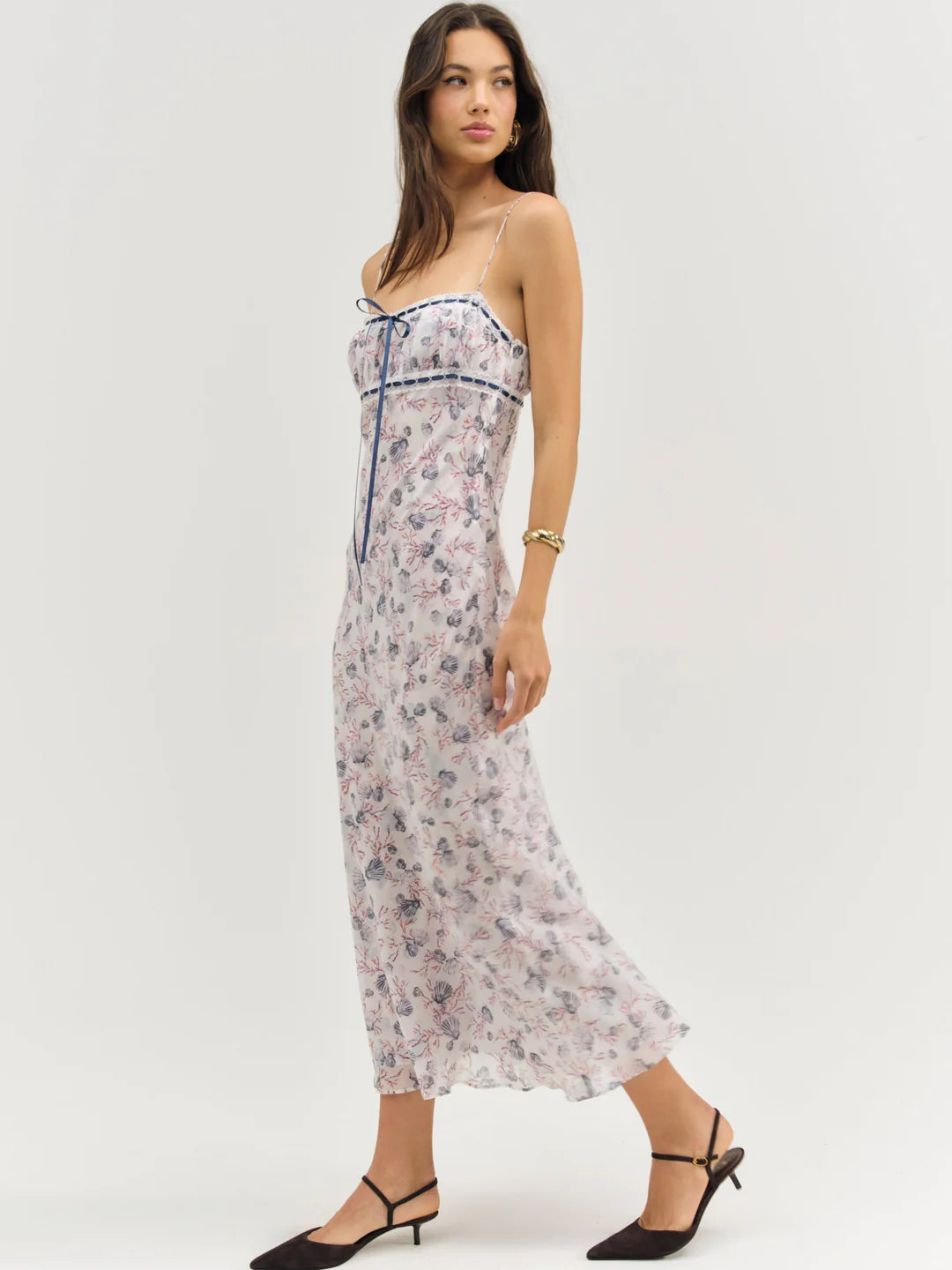 Elegant Spaghetti Strap Square Neck Seashell Coral Print Chiffon Midi Prom Dress With Bow Detail For Formal Evening Beach Wedding