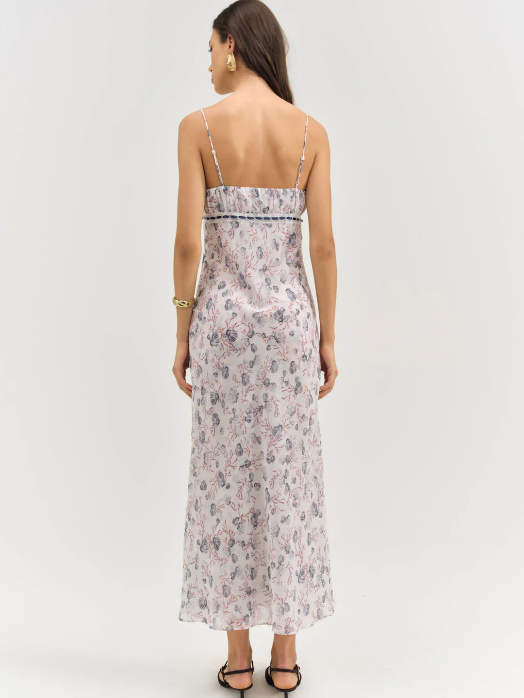 Elegant Spaghetti Strap Square Neck Seashell Coral Print Chiffon Midi Prom Dress With Bow Detail For Formal Evening Beach Wedding