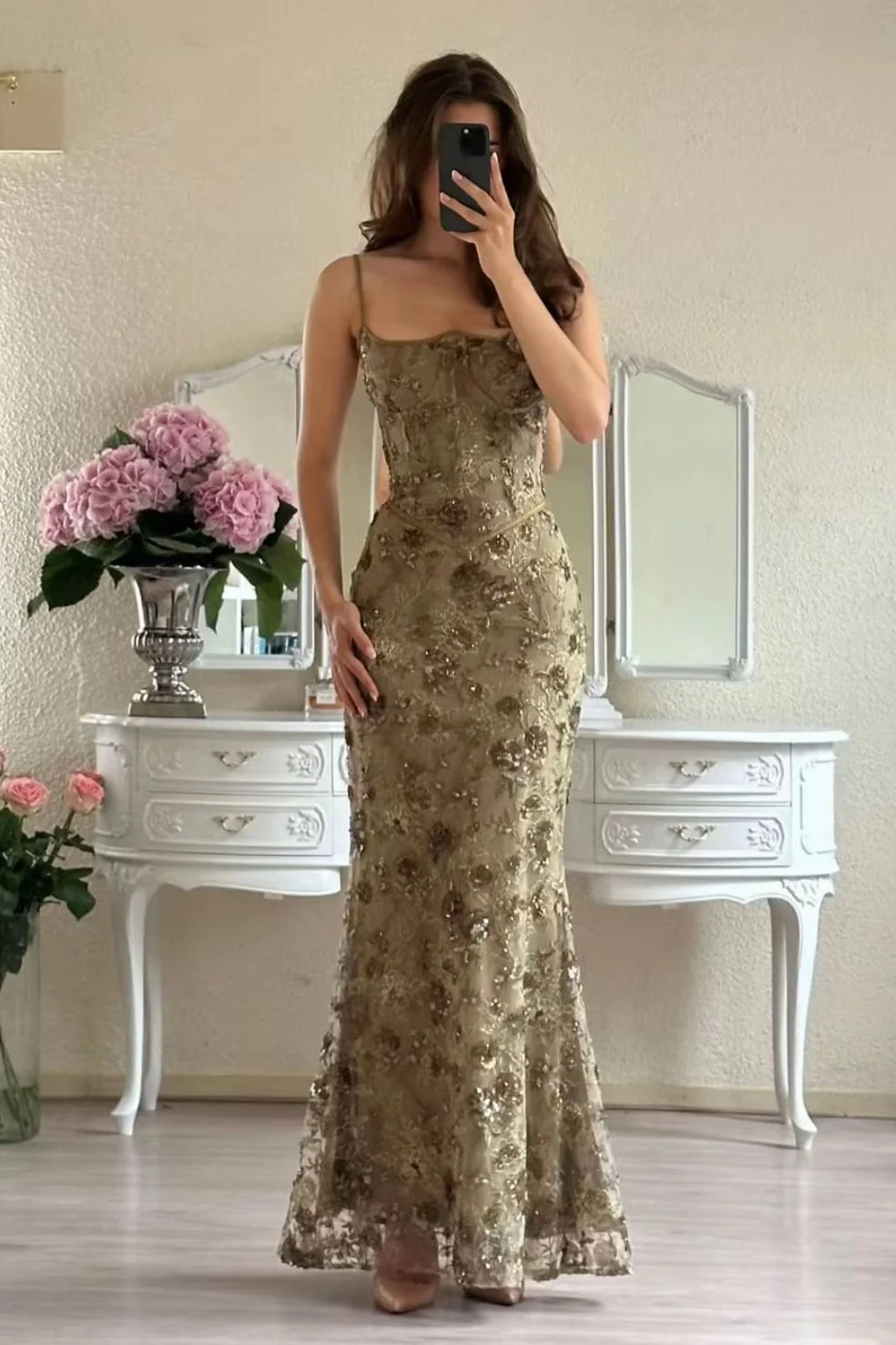 Elegant Spaghetti Strap Square Neck Sequin Floral Lace-Up Back Mermaid Prom Dress