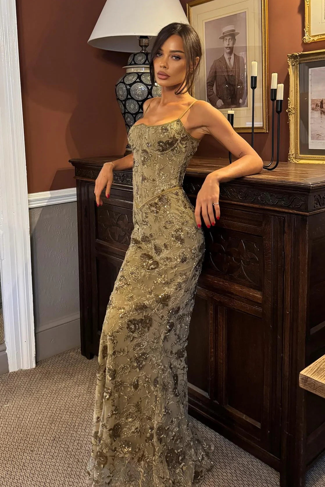 Elegant Spaghetti Strap Square Neck Sequin Floral Lace-Up Back Mermaid Prom Dress