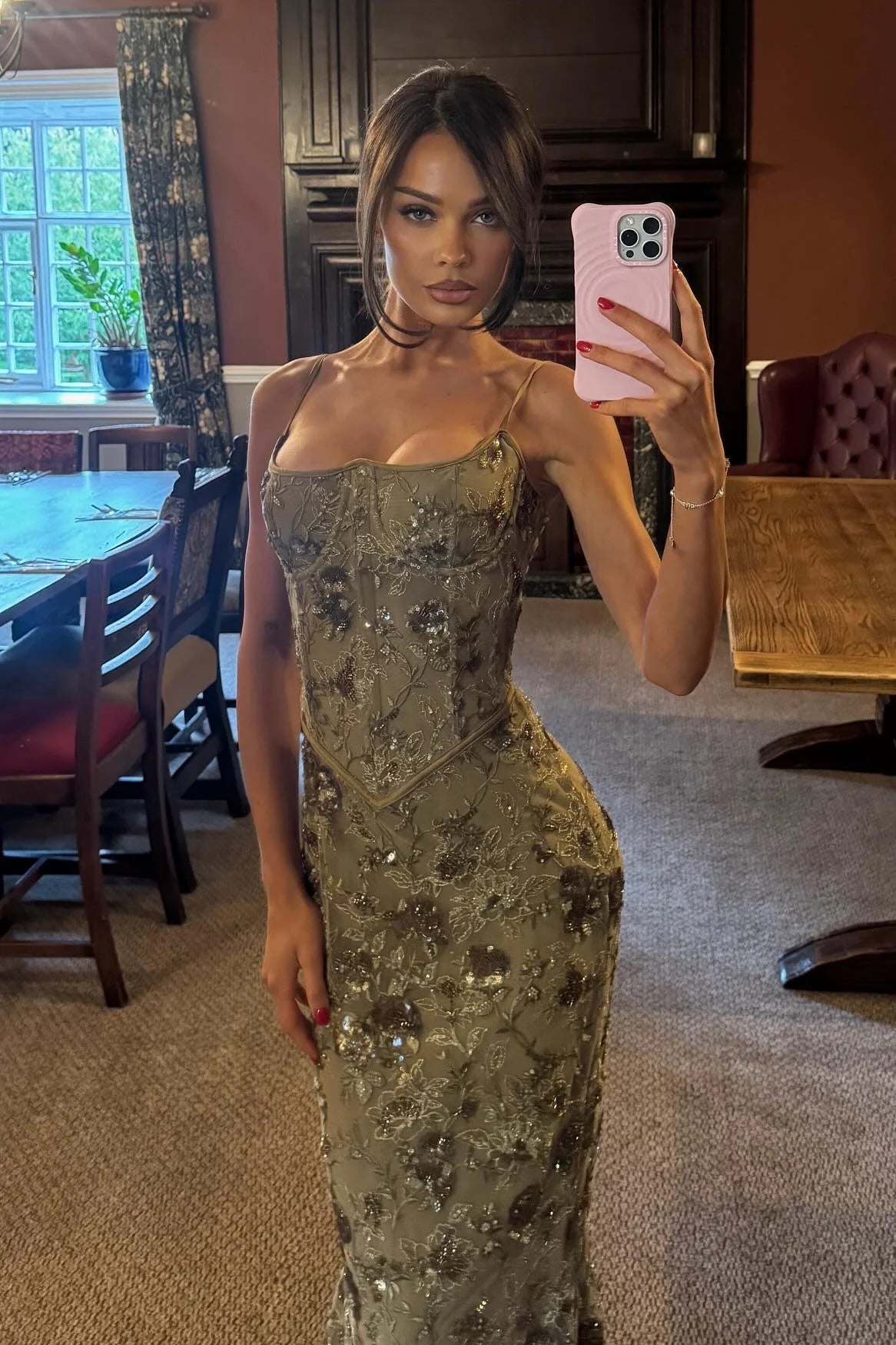 Elegant Spaghetti Strap Square Neck Sequin Floral Lace-Up Back Mermaid Prom Dress