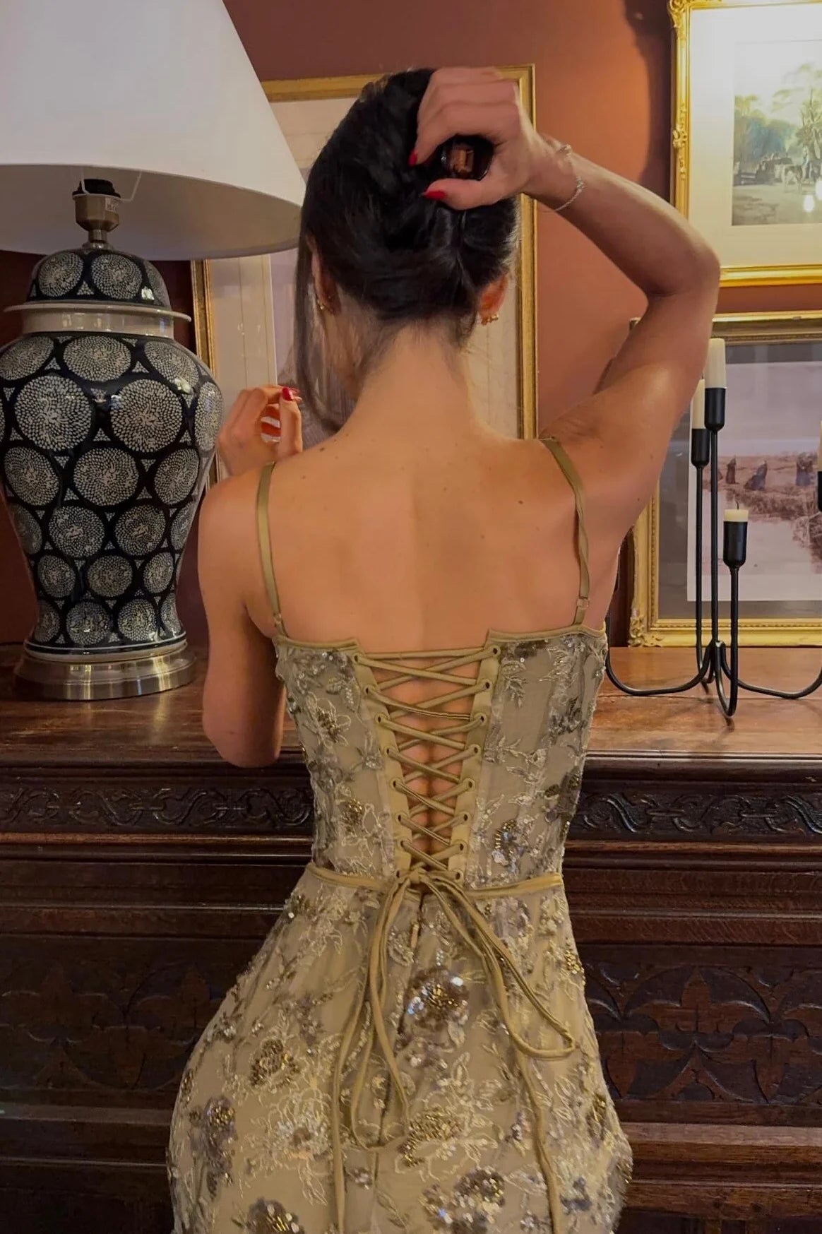 Elegant Spaghetti Strap Square Neck Sequin Floral Lace-Up Back Mermaid Prom Dress