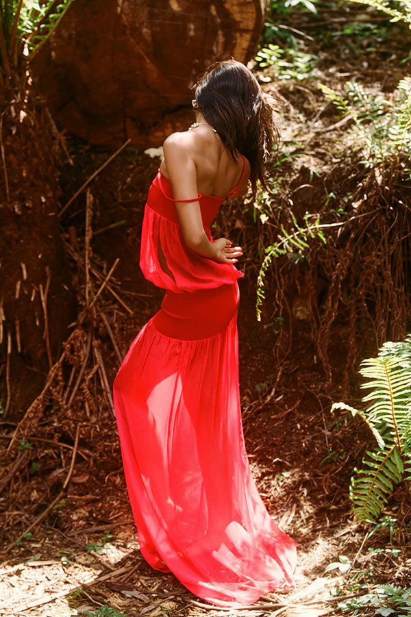 Elegant Spaghetti Strap Square Neck Sheer Chiffon Ruched Maxi Prom Dress For Formal Evening Gala Wedding Guest