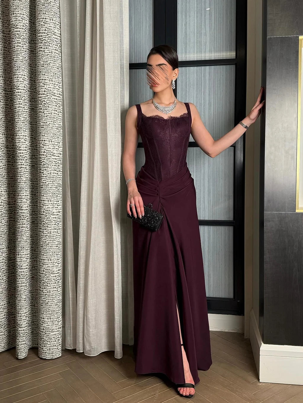 Elegant Spaghetti Strap Sweetheart Lace Corset Ruched High Slit Satin A-Line Maxi Prom Dress