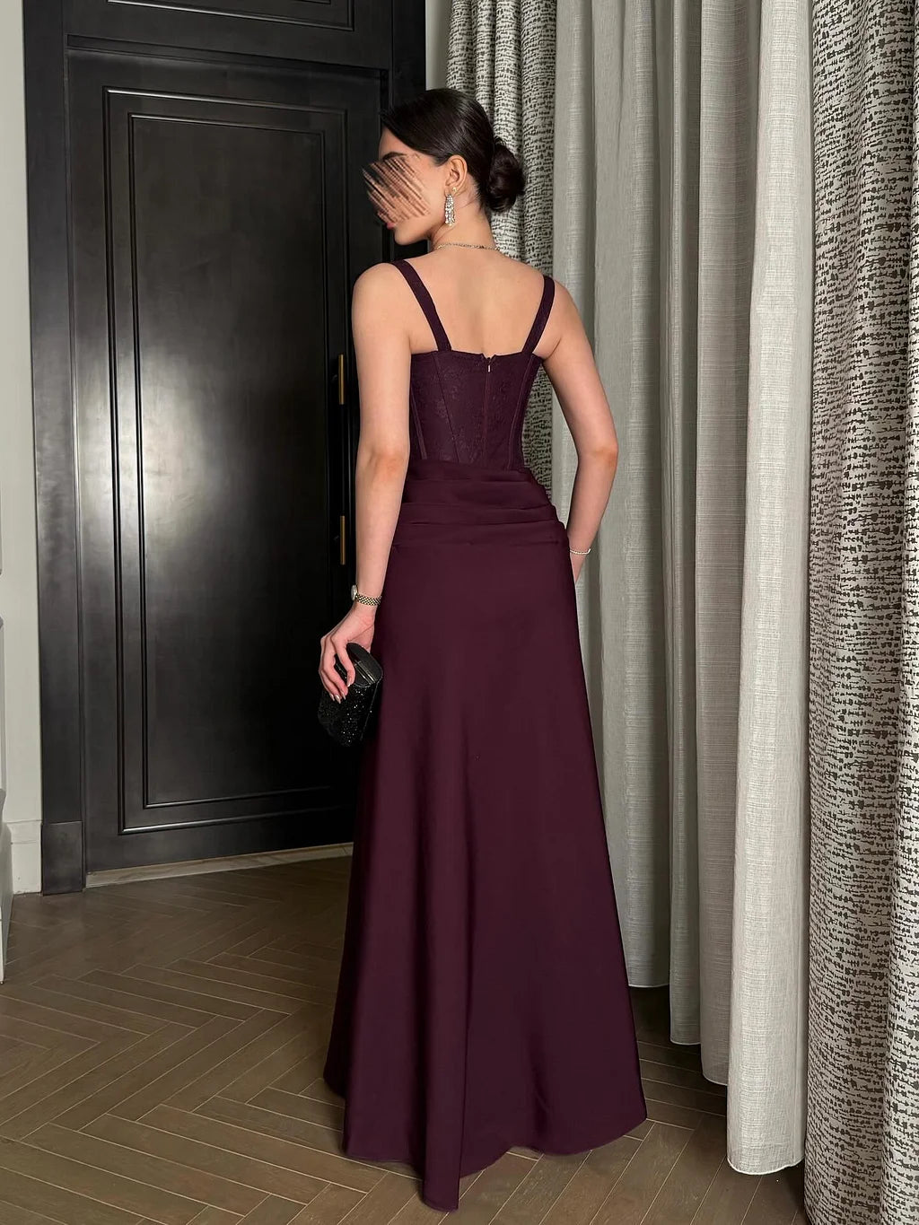 Elegant Spaghetti Strap Sweetheart Lace Corset Ruched High Slit Satin A-Line Maxi Prom Dress
