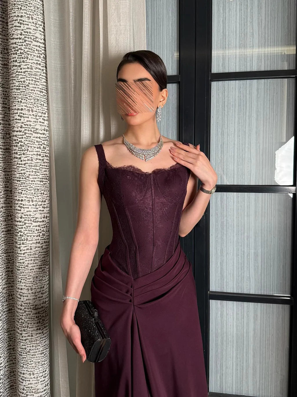 Elegant Spaghetti Strap Sweetheart Lace Corset Ruched High Slit Satin A-Line Maxi Prom Dress