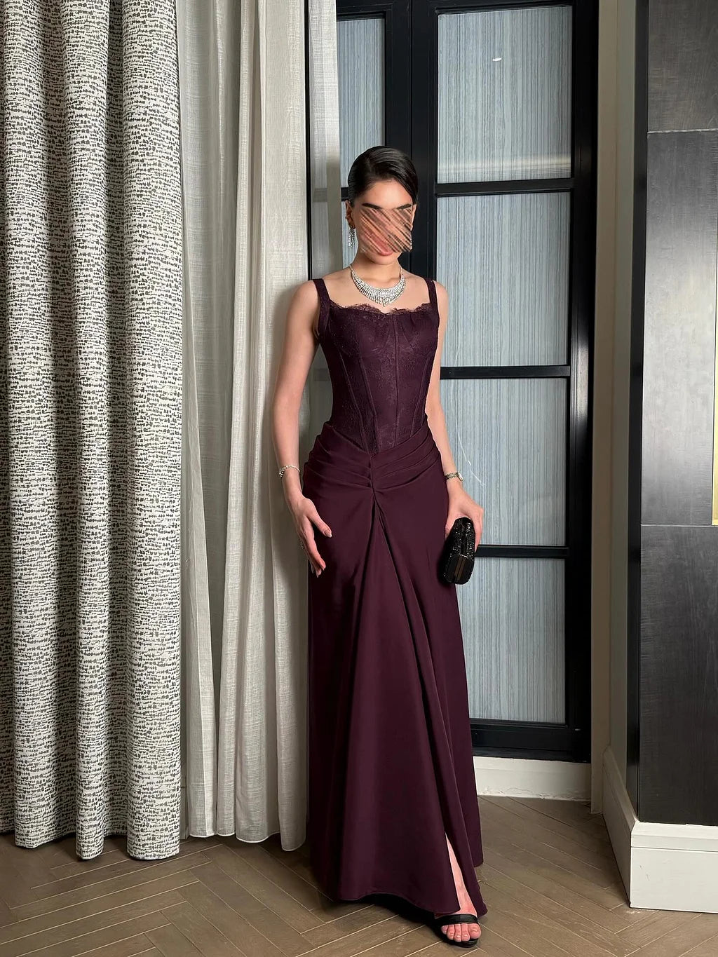 Elegant Spaghetti Strap Sweetheart Lace Corset Ruched High Slit Satin A-Line Maxi Prom Dress