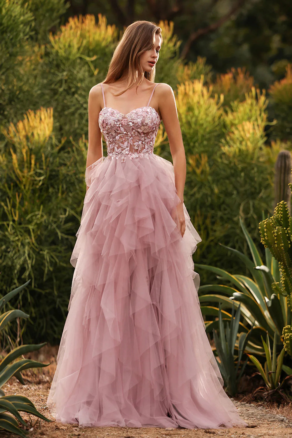 Elegant Spaghetti Strap Sweetheart Neck 3D Floral Applique Lace Up Back Tiered Ruffle Tulle Prom Dress