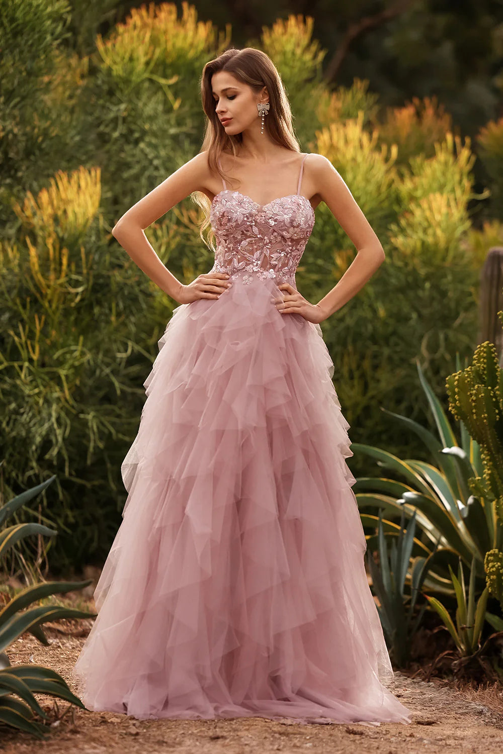 Elegant Spaghetti Strap Sweetheart Neck 3D Floral Applique Lace Up Back Tiered Ruffle Tulle Prom Dress