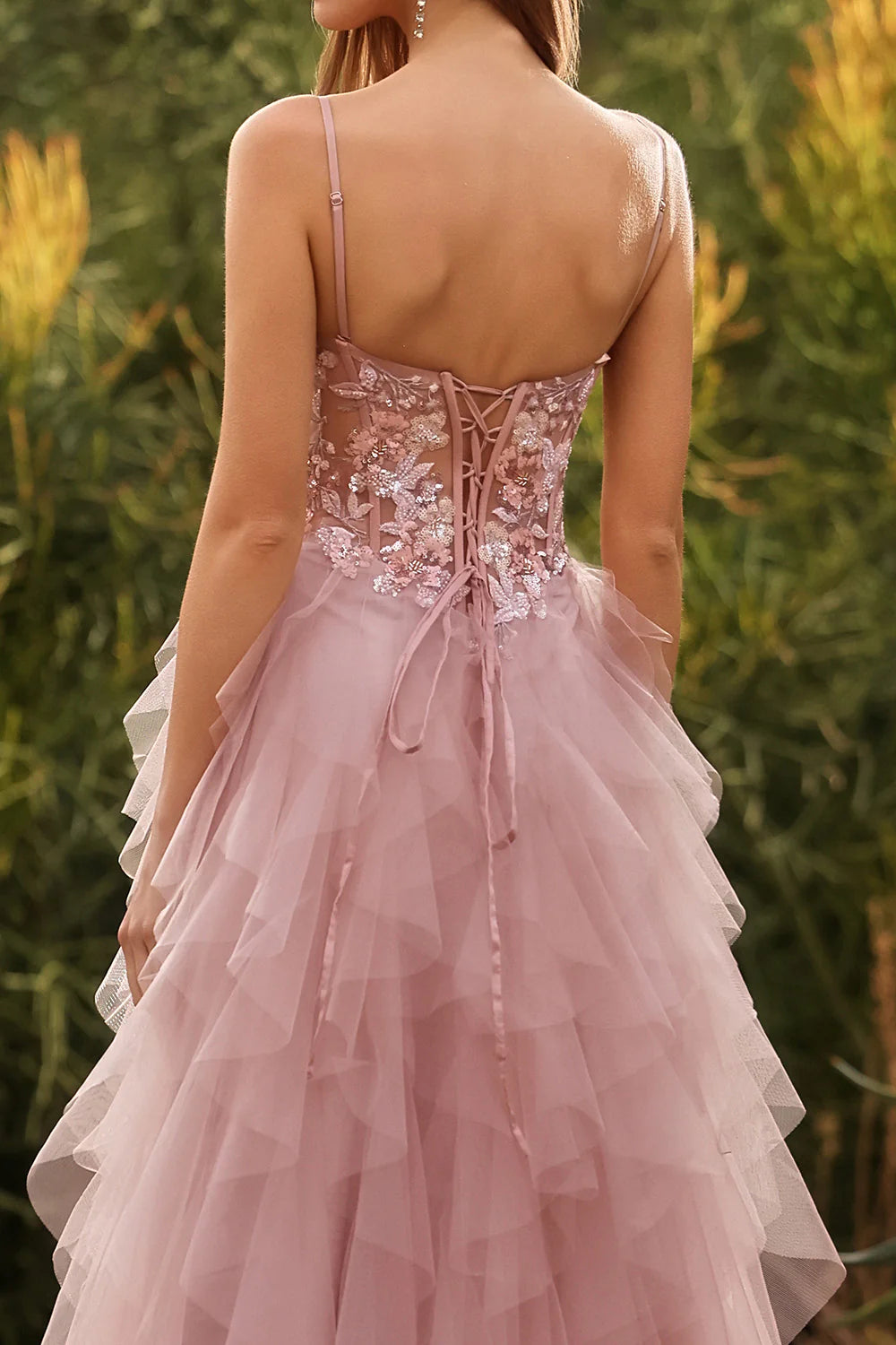Elegant Spaghetti Strap Sweetheart Neck 3D Floral Applique Lace Up Back Tiered Ruffle Tulle Prom Dress