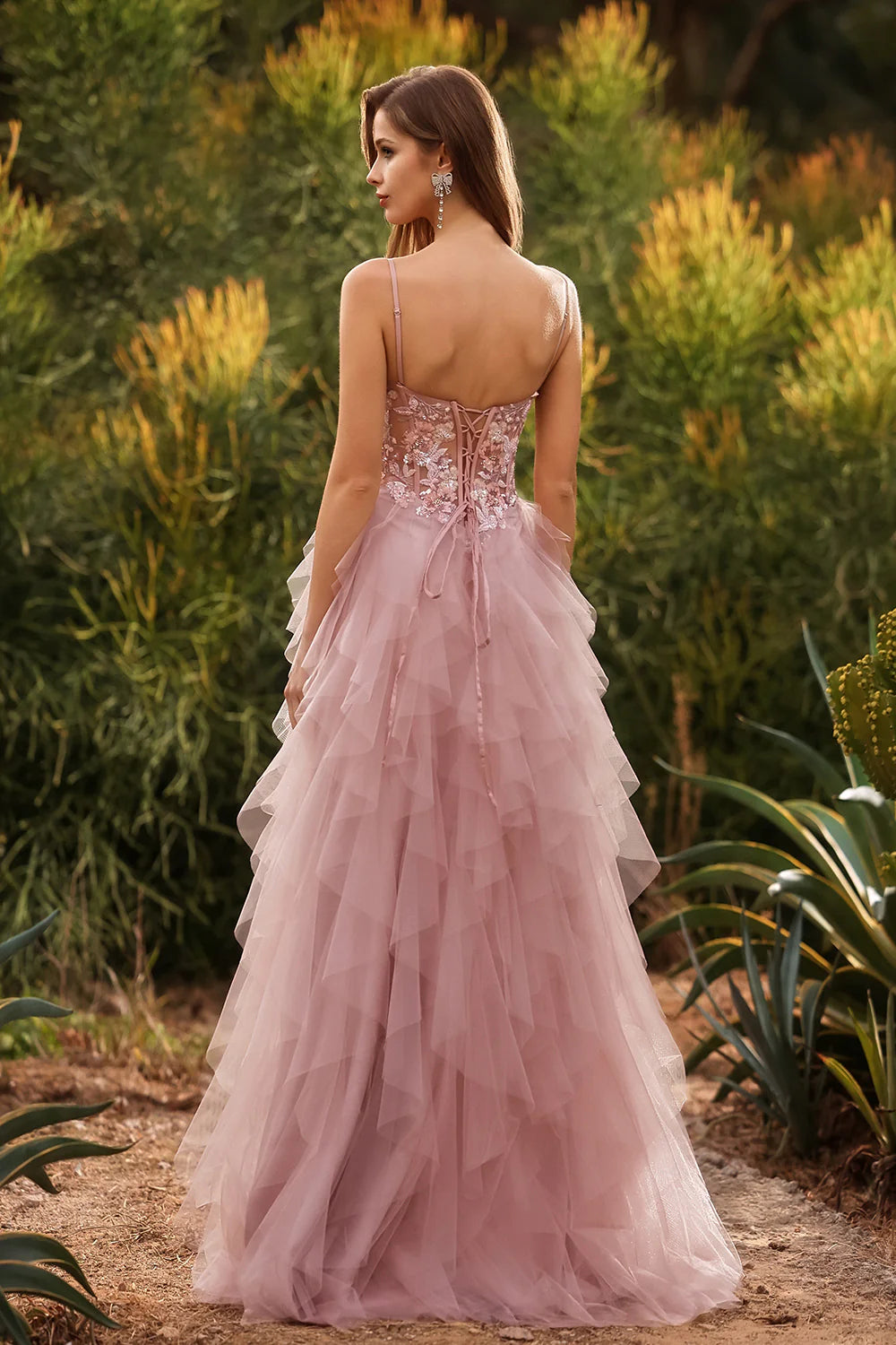 Elegant Spaghetti Strap Sweetheart Neck 3D Floral Applique Lace Up Back Tiered Ruffle Tulle Prom Dress