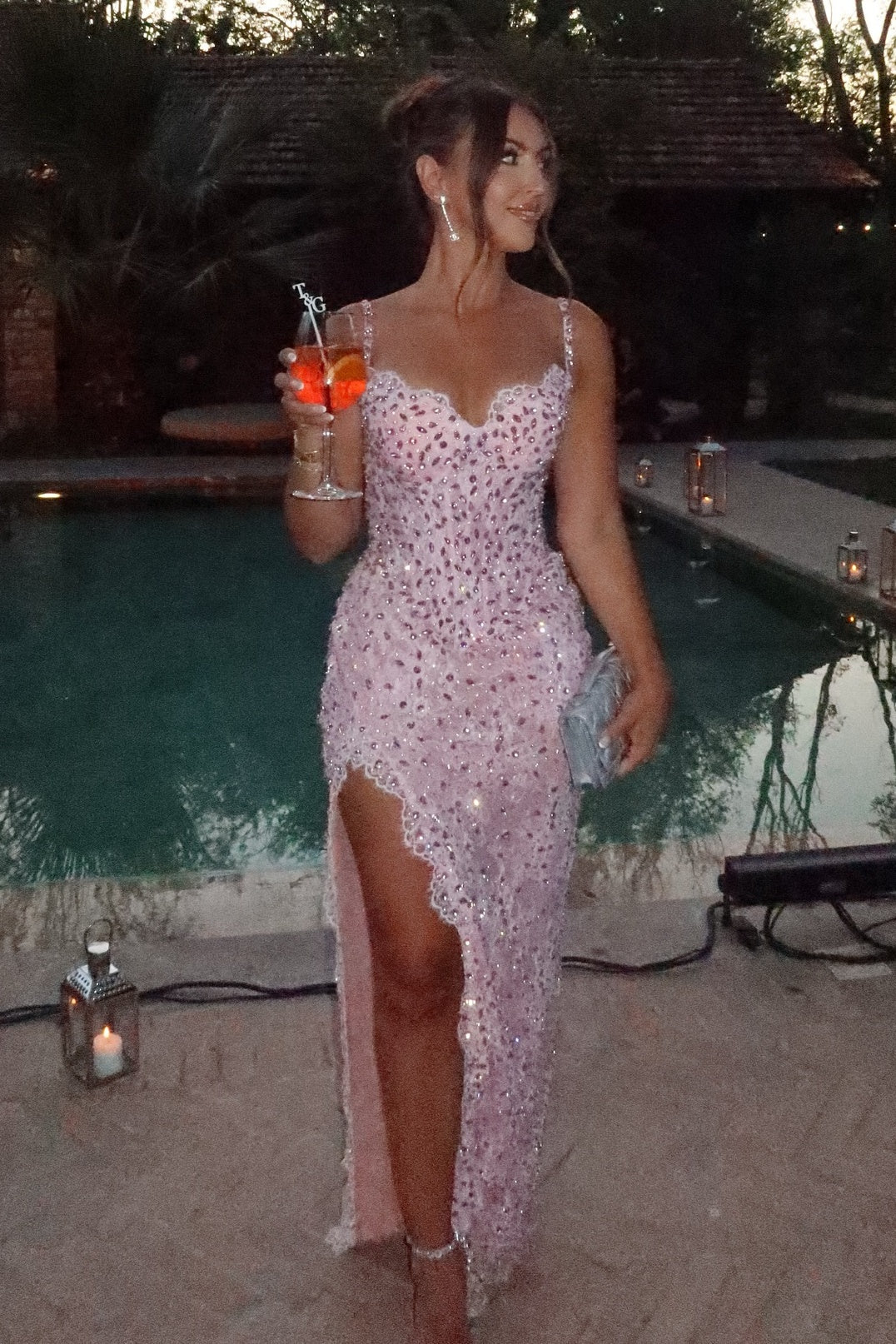 Elegant Spaghetti Strap Sweetheart Neck Beaded Lace High Slit Mermaid Prom Dress