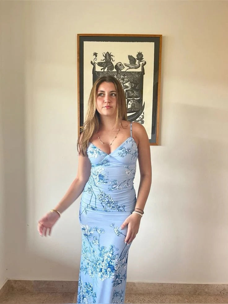 Elegant Spaghetti Strap Sweetheart Neck Floral Print Bodycon Mermaid Evening Dress
