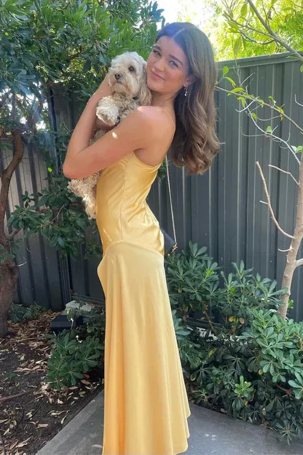 Elegant Spaghetti Strap Sweetheart Neck Ruched Bust Satin High Slit Mermaid Evening Dress