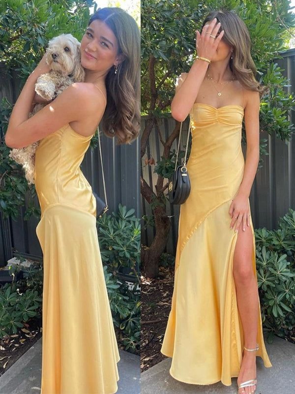 Elegant Spaghetti Strap Sweetheart Neck Ruched Bust Satin High Slit Mermaid Evening Dress