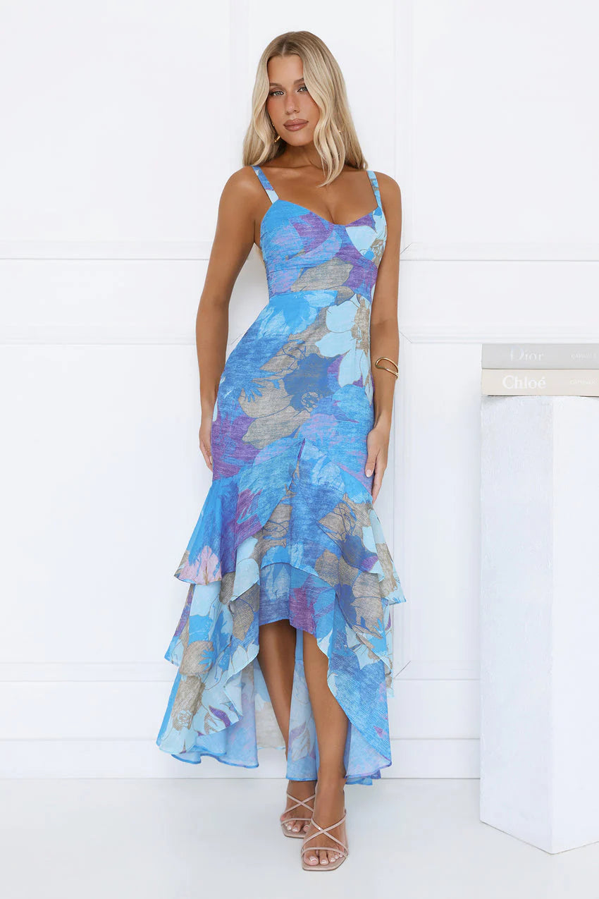 Elegant Spaghetti Strap Sweetheart Neck Ruffle Tiered High Low Hem Floral Print Maxi Evening Dress For Formal Evening Prom Wedding Guest Bridesmaid Cocktail Party Gala