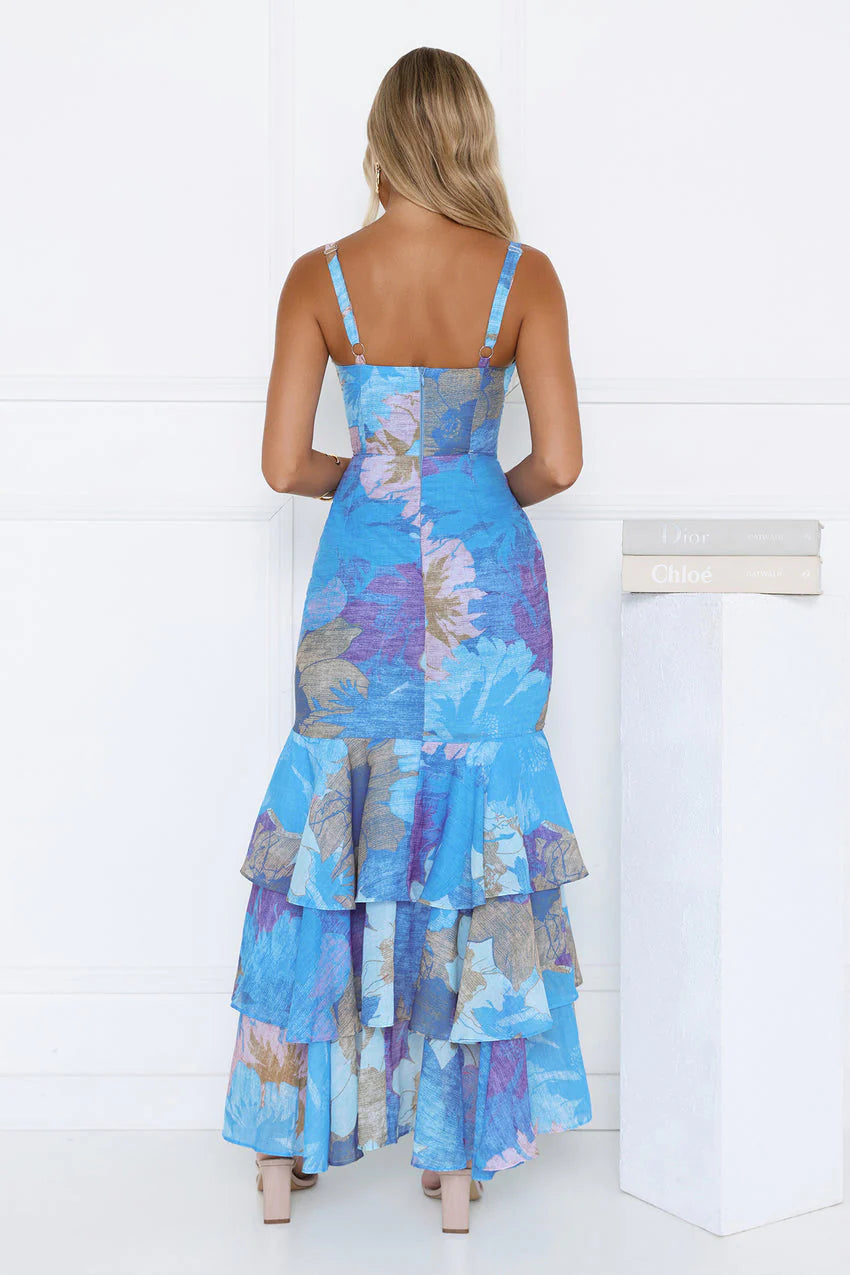 Elegant Spaghetti Strap Sweetheart Neck Ruffle Tiered High Low Hem Floral Print Maxi Evening Dress For Formal Evening Prom Wedding Guest Bridesmaid Cocktail Party Gala