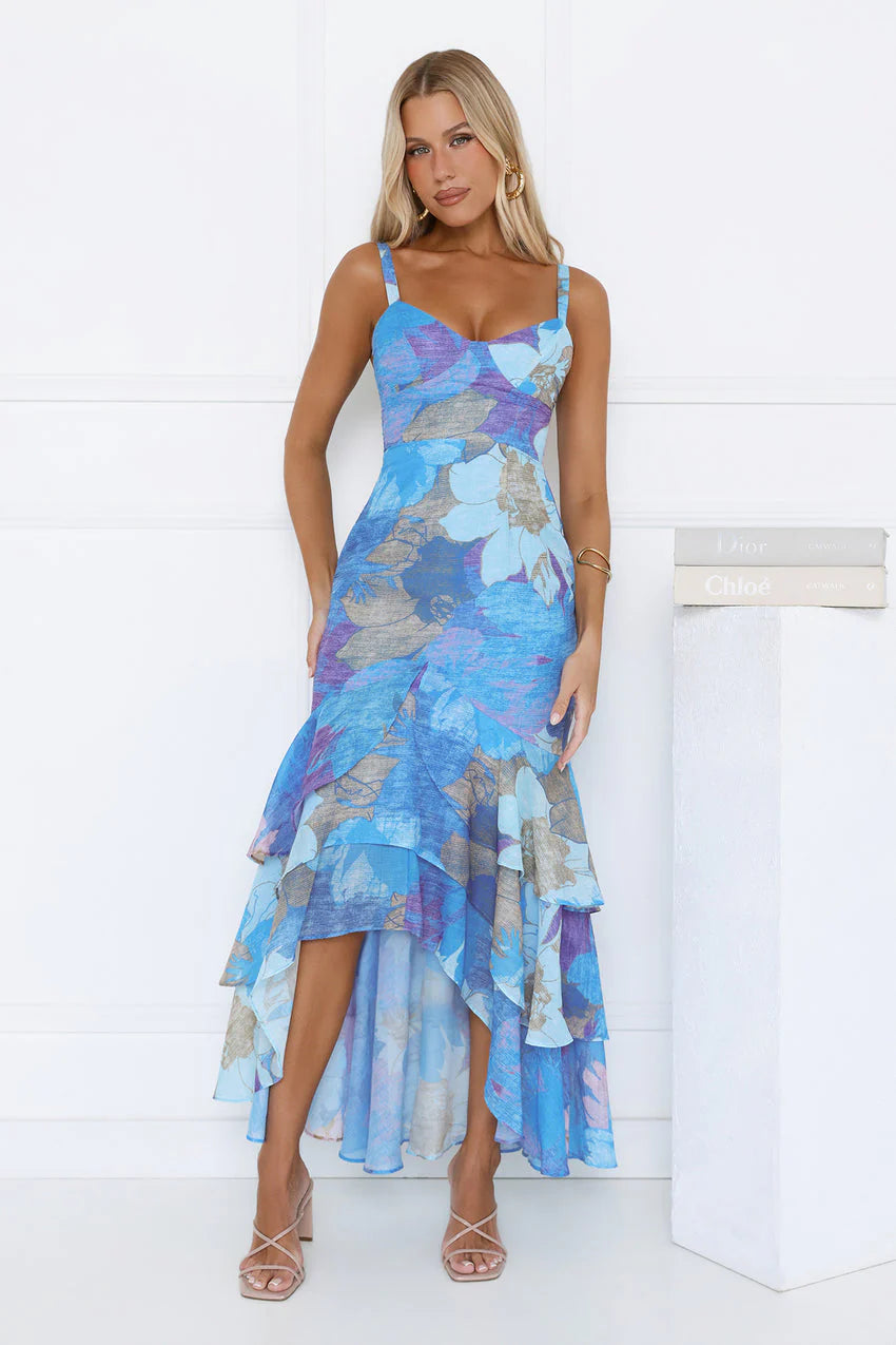 Elegant Spaghetti Strap Sweetheart Neck Ruffle Tiered High Low Hem Floral Print Maxi Evening Dress For Formal Evening Prom Wedding Guest Bridesmaid Cocktail Party Gala