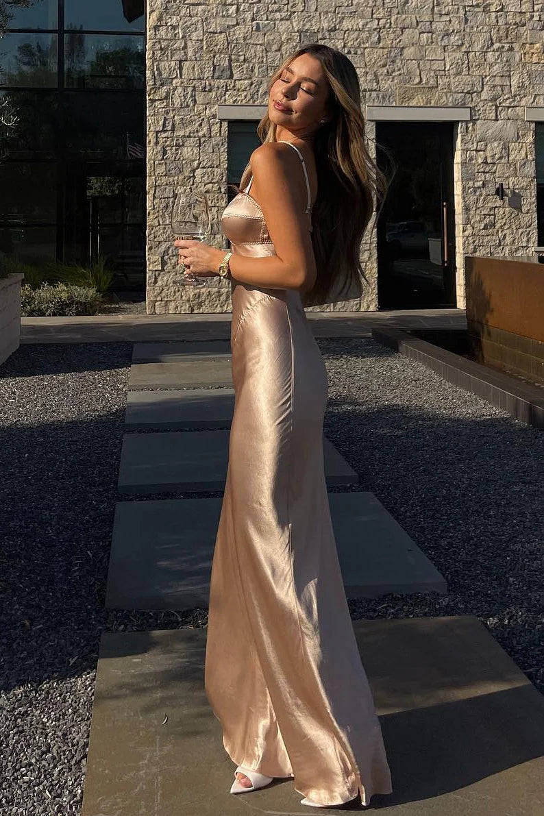 Elegant Spaghetti Strap Sweetheart Neck Satin Open Back Maxi Prom Dress