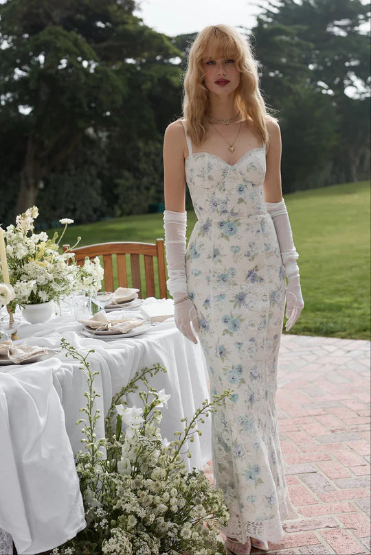 Elegant Spaghetti Strap Sweetheart Neckline Bustier Bodice Floral Print Lace Appliqué Mermaid Maxi Dress For Formal Evening Wedding Guest Bridal Shower Garden Party