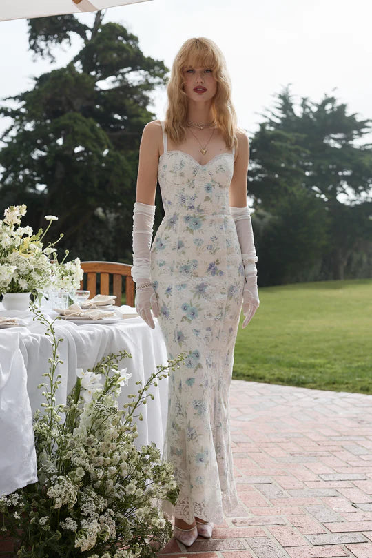 Elegant Spaghetti Strap Sweetheart Neckline Bustier Bodice Floral Print Lace Appliqué Mermaid Maxi Dress For Formal Evening Wedding Guest Bridal Shower Garden Party