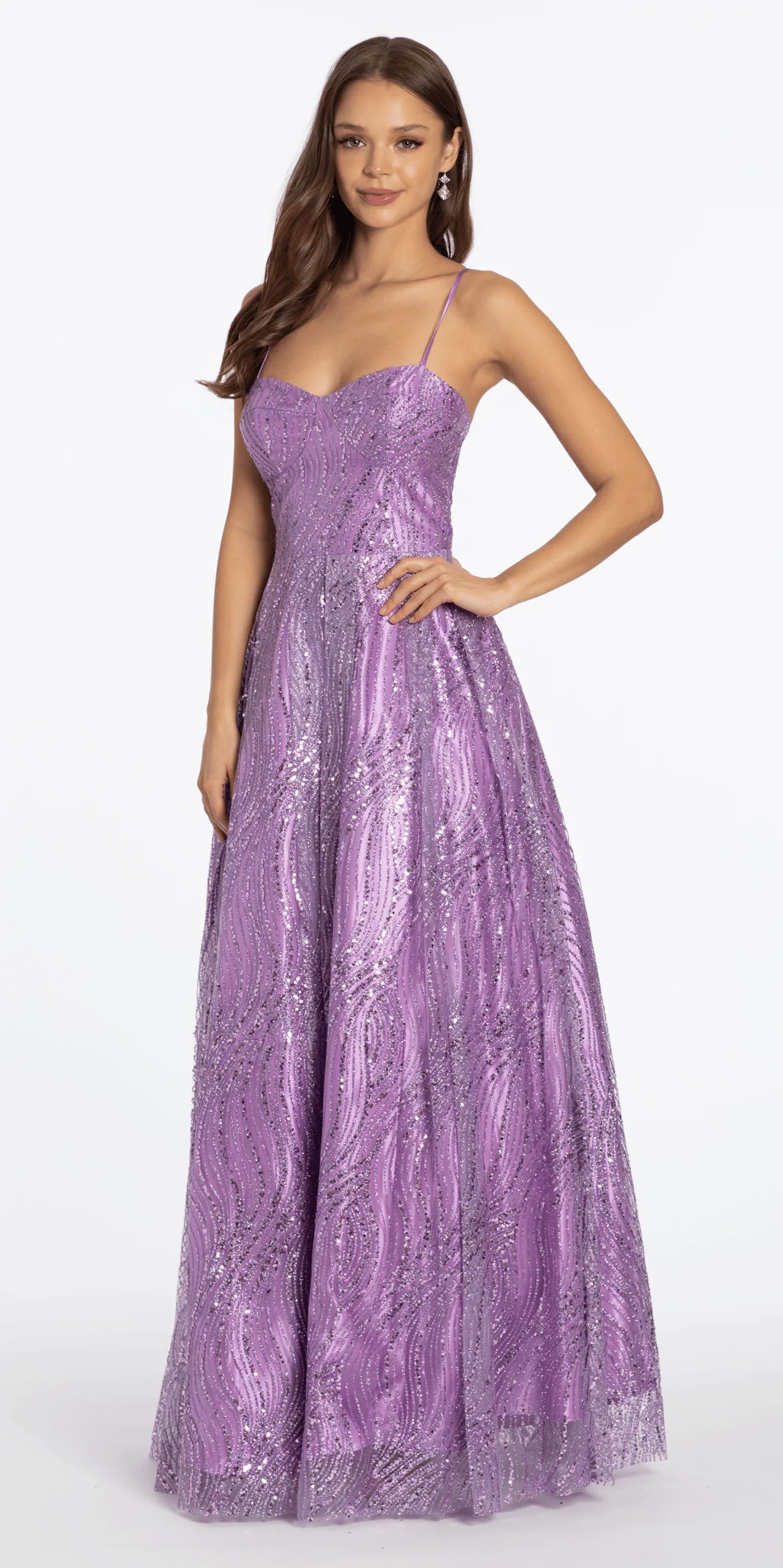 Elegant Spaghetti Strap Sweetheart Neckline Open Back Criss Cross Lace Up Detail Wave Pattern Glitter Tulle A Line Evening Dress For Formal Evening Gala Wedding Guest Bridesmaid