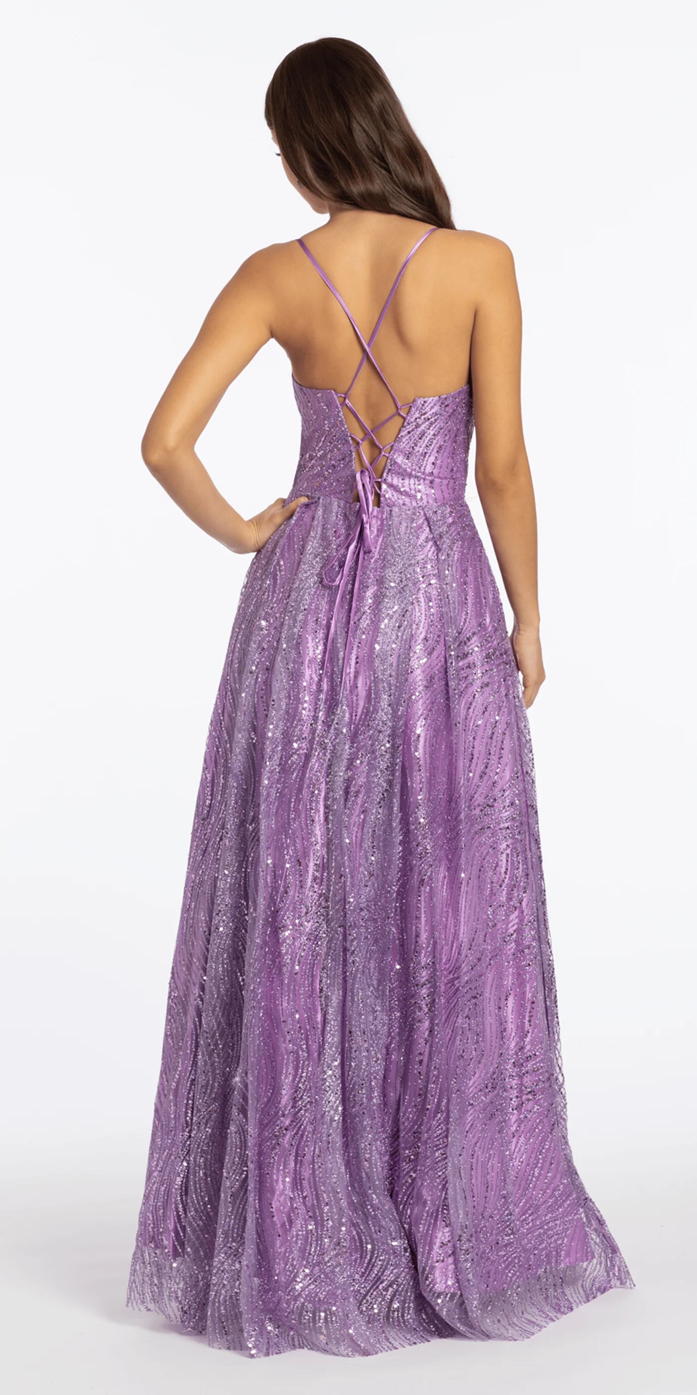 Elegant Spaghetti Strap Sweetheart Neckline Open Back Criss Cross Lace Up Detail Wave Pattern Glitter Tulle A Line Evening Dress For Formal Evening Gala Wedding Guest Bridesmaid