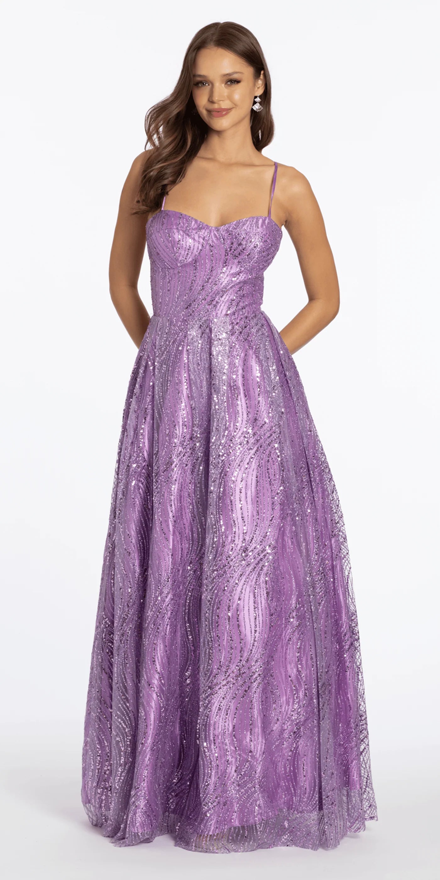 Elegant Spaghetti Strap Sweetheart Neckline Open Back Criss Cross Lace Up Detail Wave Pattern Glitter Tulle A Line Evening Dress For Formal Evening Gala Wedding Guest Bridesmaid