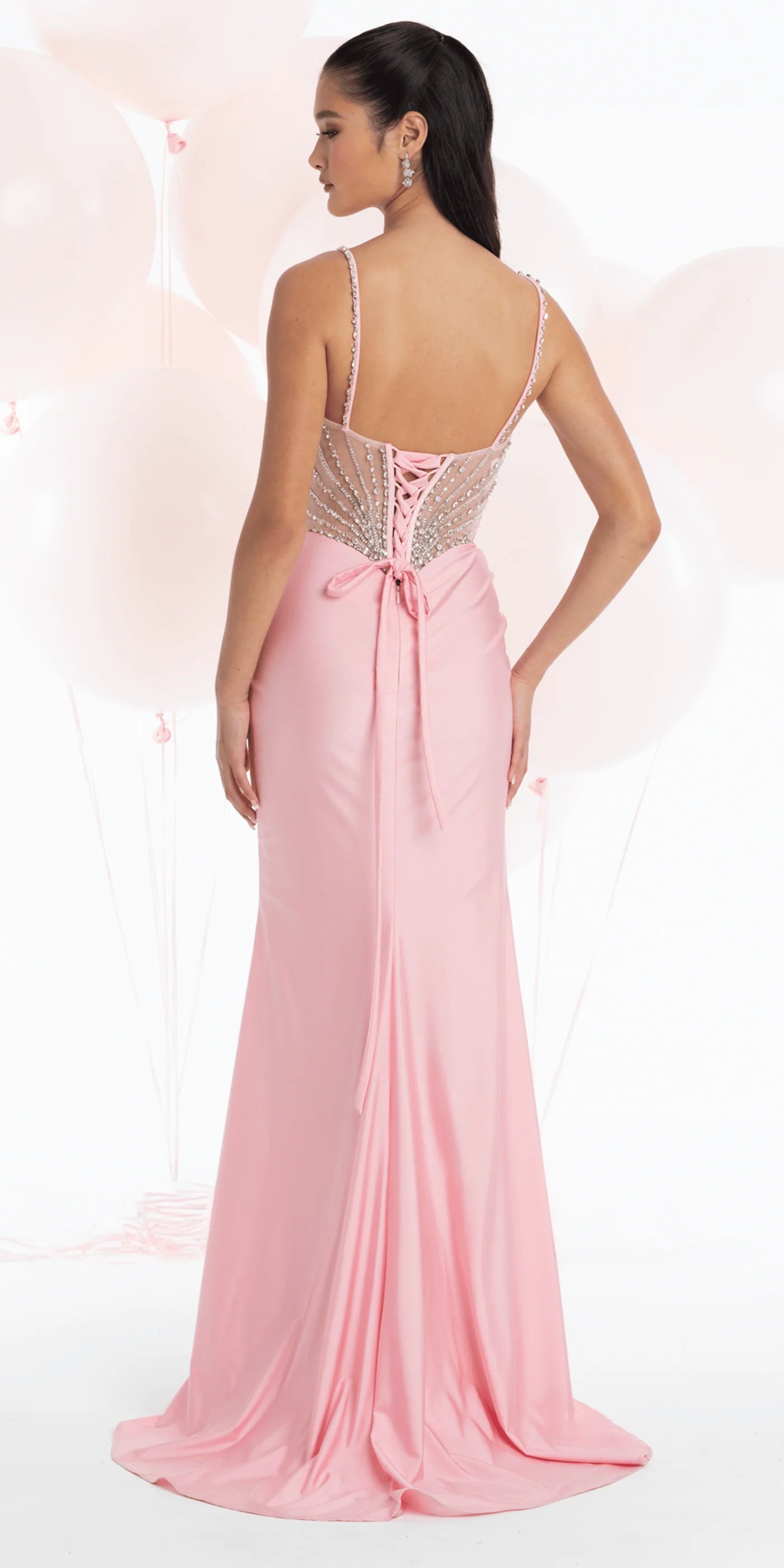 Elegant Spaghetti Strap Sweetheart Neckline Open Back Lace Up Detail Beaded Mesh High Slit Ruched Satin Mermaid Evening Dress For Formal Evening Gala Wedding Guest Bridesmaid