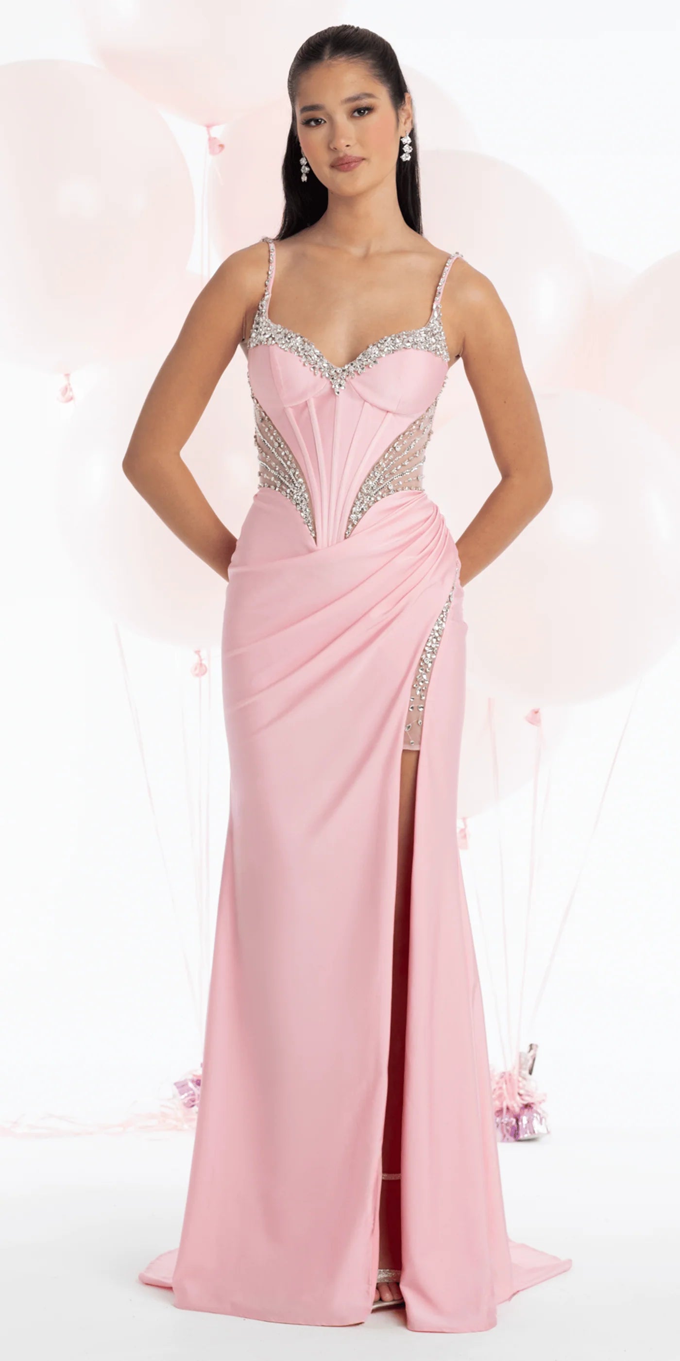 Elegant Spaghetti Strap Sweetheart Neckline Open Back Lace Up Detail Beaded Mesh High Slit Ruched Satin Mermaid Evening Dress For Formal Evening Gala Wedding Guest Bridesmaid